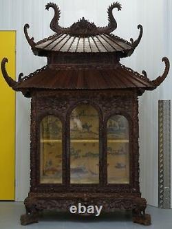 Antique Pagoda Hand Carved Top To Bottom Chinese Temple Cabinet Silk Inside