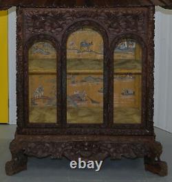 Antique Pagoda Hand Carved Top To Bottom Chinese Temple Cabinet Silk Inside