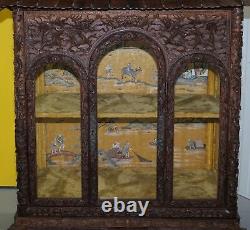 Antique Pagoda Hand Carved Top To Bottom Chinese Temple Cabinet Silk Inside