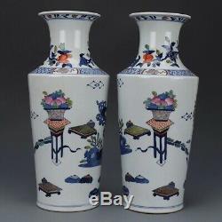 Antique Pair Of Chinese Blue And White Famille Rose Porcelain Guanyin Vases