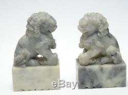 Antique Pair Of Chinese Export Fine Carved Soapstone Foo Dog Bookends