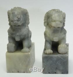 Antique Pair Of Chinese Export Fine Carved Soapstone Foo Dog Bookends