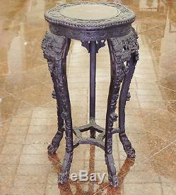 Antique Qing Chinese Heavy Carved Wood Dragon Motif Jardiniere Stand Marble Top