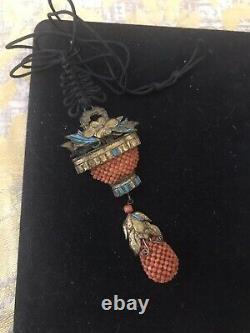 Antique Qing Dynasty Kingfisher feather Pendant Chinese Coral Tian-tsui