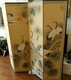 Antique Signed 4 Panel Hand Painted Chinese Folding Silk Screen Room Divider