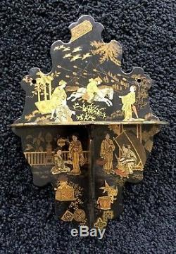 Antique Victorian Chinese Chinoiserie Black & Gold Lacquer Wall Bracket Shelf