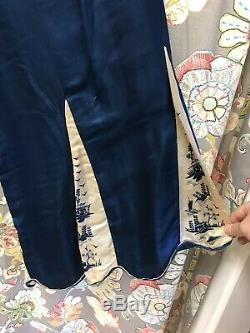 Antique Vintage 1920s Asian Silk Embroidered Chinese Pajama Set in Blue & White