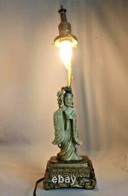 Antique Vintage Chinese Carved Soap Stone Statue Figure Figural Table Lamp Asian