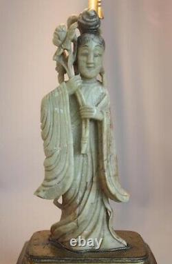 Antique Vintage Chinese Carved Soap Stone Statue Figure Figural Table Lamp Asian