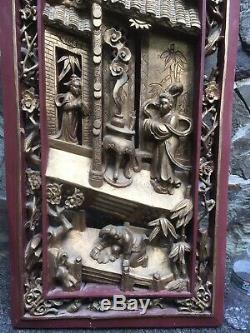 Antique Vintage Chinese Deep Carved Wood Hanging Panel wall art Large
