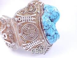 Antique WIDE 96.8g Chinese Turquoise Sterling Silver Filigree Bracelet Export