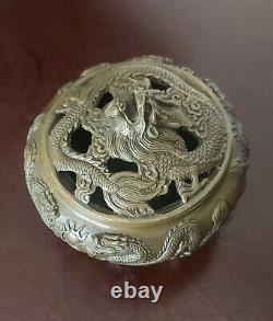 Antique chinese bronze Dragon pot Pourri Bowl Signed