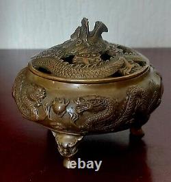 Antique chinese bronze Dragon pot Pourri Bowl Signed