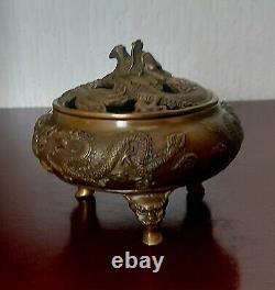 Antique chinese bronze Dragon pot Pourri Bowl Signed