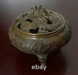 Antique chinese bronze Dragon pot Pourri Bowl Signed