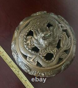 Antique chinese bronze Dragon pot Pourri Bowl Signed