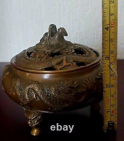 Antique chinese bronze Dragon pot Pourri Bowl Signed