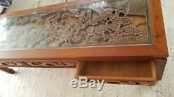 Asian Carved Wood Coffee Table with drawers Chinese carved wood vintage