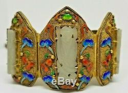 BIG Vintage Chinese Gold Plated Silver Cloisonné Jade Nephrite Enamel Bracelet