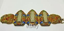 BIG Vintage Chinese Gold Plated Silver Cloisonné Jade Nephrite Enamel Bracelet