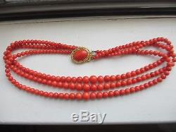 BREATHTAKING VTG CHINESE 3 STRAND SALMON CORAL BEAD NECKLACE WithHUGE 14K CLASP-NR