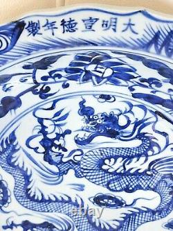 Beautiful 15 inch Chinese Porcelain Cobalt Blue Dragon Charger Exc Condition