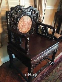Beautiful 18-19th C Qing Dyn. Chinese Rosewood Mother of Pearl Inlay Arm Chair