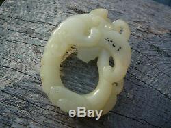 Beautiful finely carved 18th 19thC Chinese white jade dragon pendant ex museum