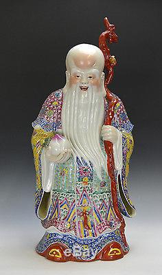 Big Set of 3 Chinese Famille Rose Longevity Porcelain 3 Star Figure Statue