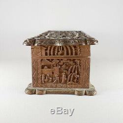 CHINESE CANTON CARVED SANDALWOOD BOX & HINGED LID 19th CENTURY