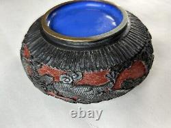 CHINESE RED BLACK CARVED DRAGON LACQUER BOWL CLOISONNE INSIDE and Bottom