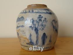 C. 17th Antique Vintage Chinese Stoneware Blue & White Ming Ginger Jar Pot