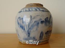 C. 17th Antique Vintage Chinese Stoneware Blue & White Ming Ginger Jar Pot