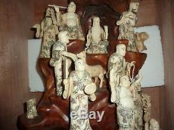 Chinese 104 CM Wooden Display & 21 Carved Bovine Bone Immortal Figures & Animals