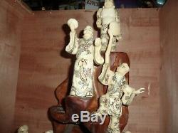 Chinese 104 CM Wooden Display & 21 Carved Bovine Bone Immortal Figures & Animals