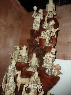 Chinese 104 CM Wooden Display & 21 Carved Bovine Bone Immortal Figures & Animals