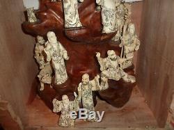 Chinese 104 CM Wooden Display & 21 Carved Bovine Bone Immortal Figures & Animals