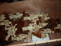 Chinese 104 CM Wooden Display & 21 Carved Bovine Bone Immortal Figures & Animals