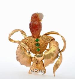 Chinese 14K Gold Orange Red & Green Jade Jadeite Lady Goddess Pin Brooch Mk