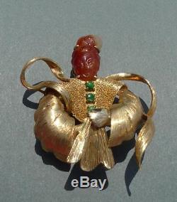 Chinese 14K Gold Orange Red & Green Jade Jadeite Lady Goddess Pin Brooch Mk