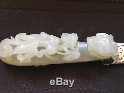 Chinese 18thc White Jade Belt Buckle Silver Mounded Letter Opener