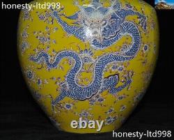 Chinese Ancient Yellow Glaze porcelain Dragon Flower Pattern Tanks Crock pot jar