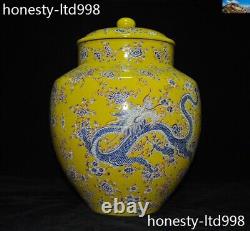 Chinese Ancient Yellow Glaze porcelain Dragon Flower Pattern Tanks Crock pot jar
