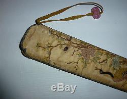 Chinese Antique 19thC Textile Embroidered Fan Case Pink Tourmaline Bead Peacock