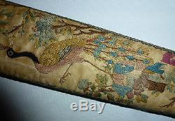 Chinese Antique 19thC Textile Embroidered Fan Case Pink Tourmaline Bead Peacock
