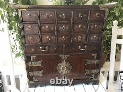 Chinese Antique Apothecary Chest with Pagoda Top 17 Drawers