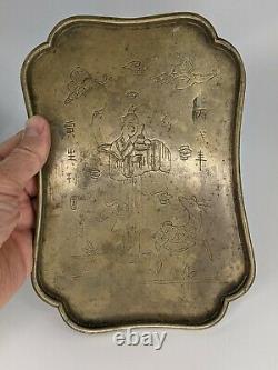 Chinese Antique Brass Opium Tray Figural design & Calligraphy Signed Qing A/F