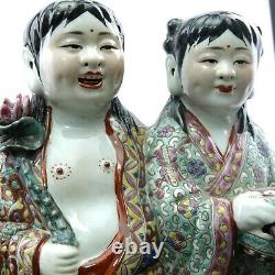 Chinese Antique Famille Rose Porcelain Boy and Girl Buddha Figure