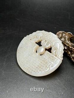 Chinese Antique Han Dynasty Hetian Ancient Jade Carved Dragon Jade Bi Pendants