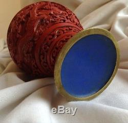 Chinese Antique Handmade Copper Cinnabar Dragon Ball Lacquer Vase Box Raised Art